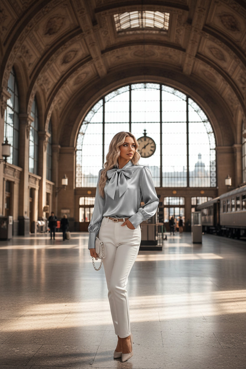 Women's Light Grey Satin Bow-Tie Blouse Long Sleeve Pullover Top