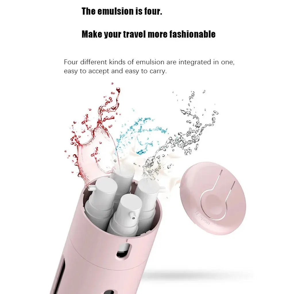Close-up view of the 4-in-1 travel dispenser’s leak-proof seal mechanism, showing the secure cap and inner bottle design that prevents spills in luggage.