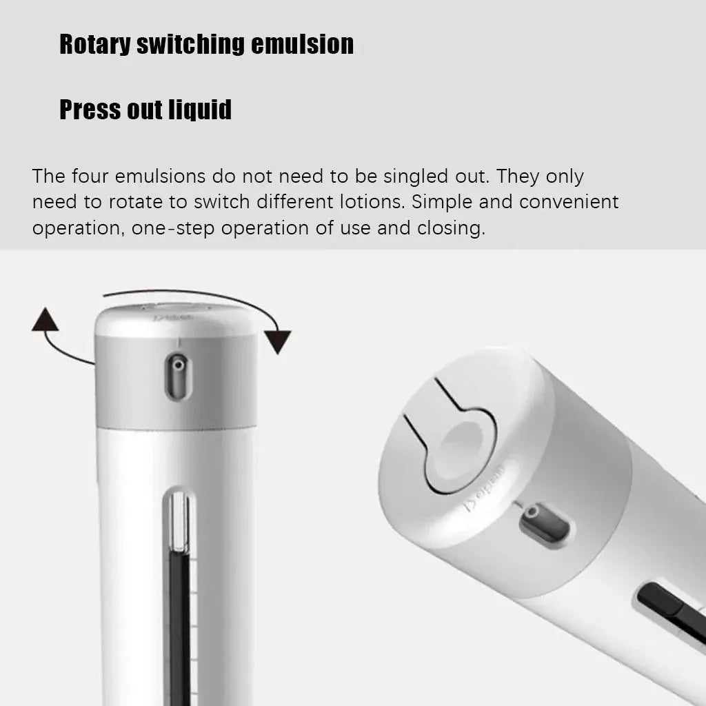 A diagram showing the rotary switching mechanism of the 4-in-1 travel dispenser, with text explaining how to easily switch between different lotions and liquids with a simple twist.