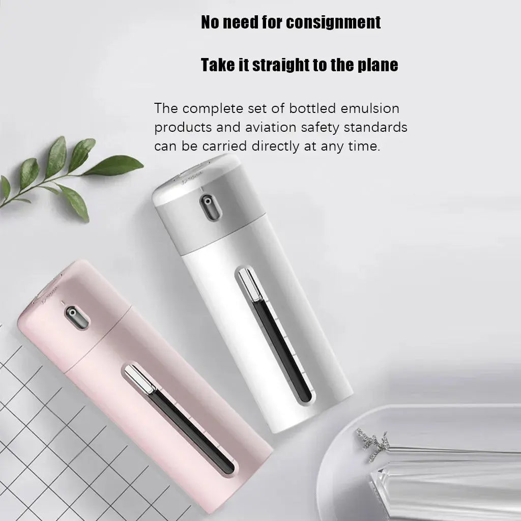 Two bottles, one pink and one white, on a light gray background with text about consignment and aviation safety.