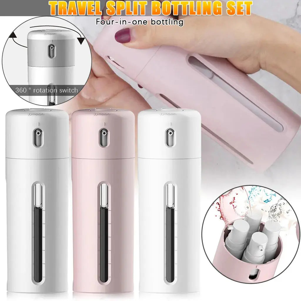 A travel split bottling set featuring a pink device with four internal 30ml bottles, demonstrating the 360-degree rotation switch used to select and dispense liquids.