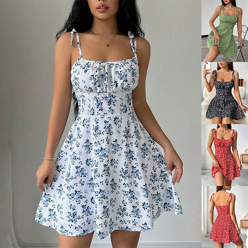 Woman wearing a floral dress with smaller images of other dresses in the corner.