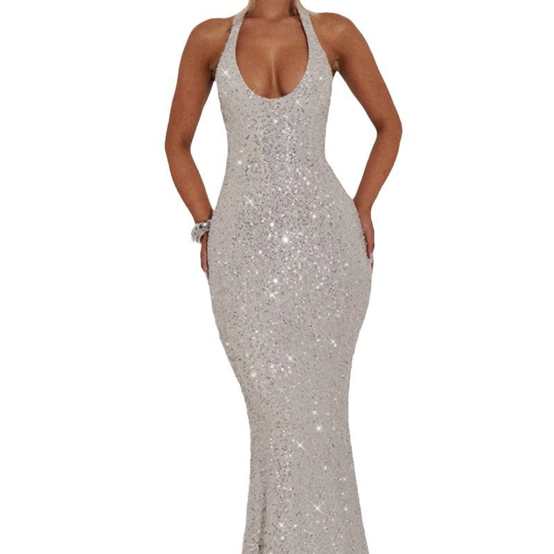 Silver sequin dress on a white background