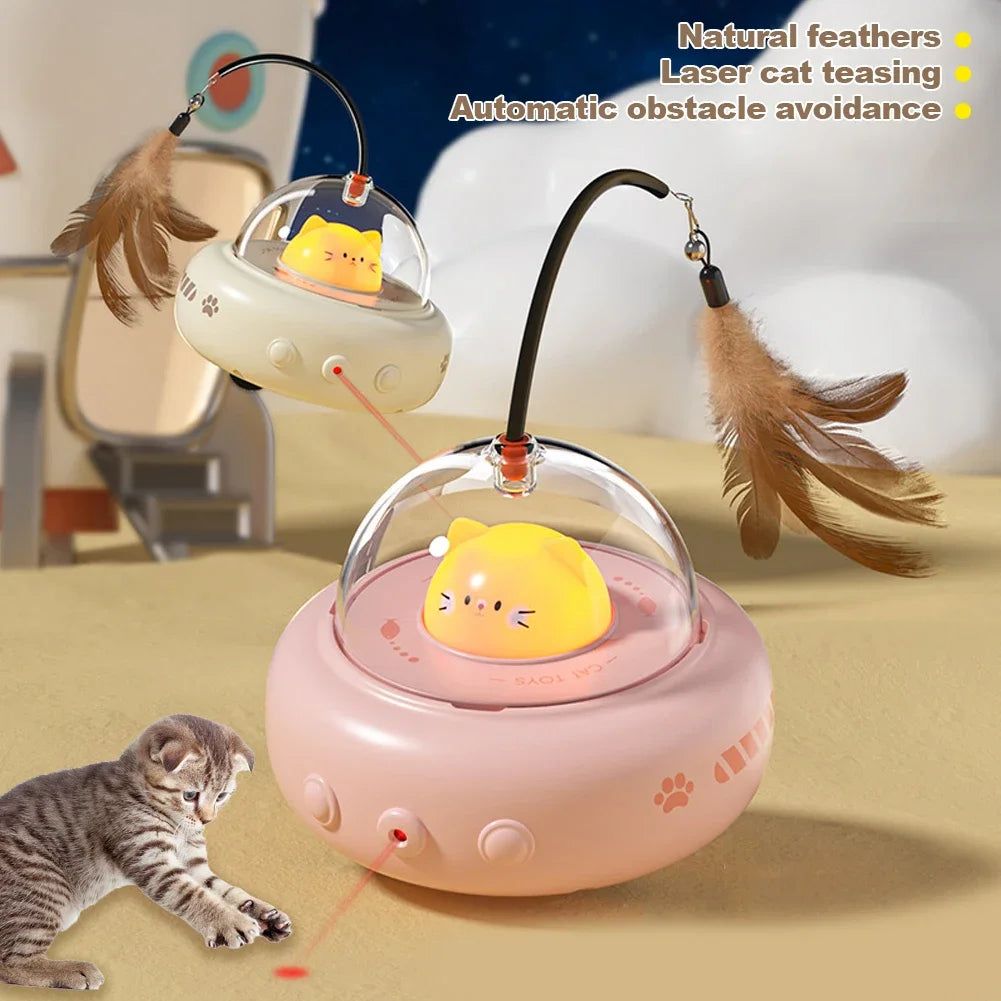 Cat toy with moving parts and feather attachments on a beige surface.