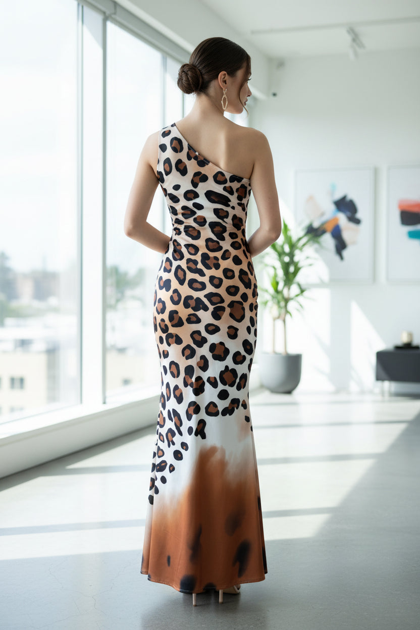 Leopard print one-shoulder dress on a mannequin against a neutral wall.