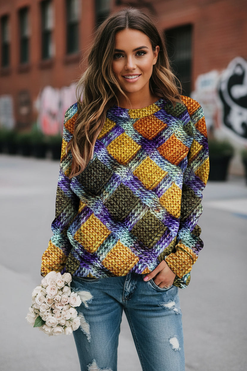 women-diamond-patchwork-raglan-sweater-yellow-purple-teal