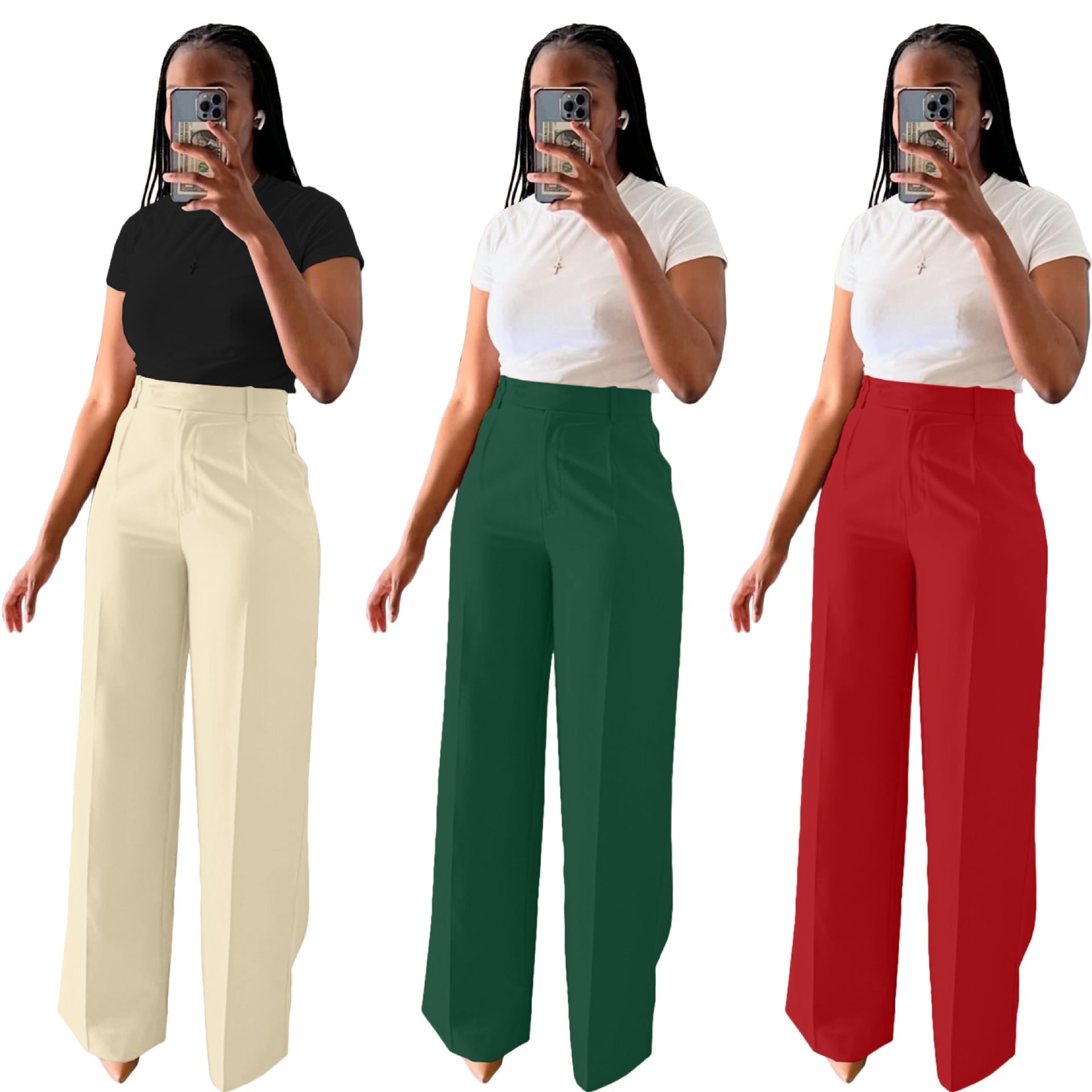 Three images of a person wearing different colored wide-leg pants with a white shirt.