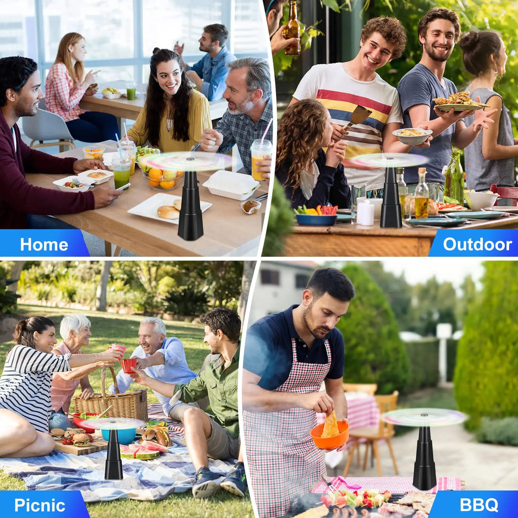 A four-panel collage showing a portable tabletop grill in use at home, outdoors, on a picnic blanket, and over a barbecue. The collage includes labeled sections 'Home', 'Outdoor', 'Picnic', and 'BBQ' in blue banners.