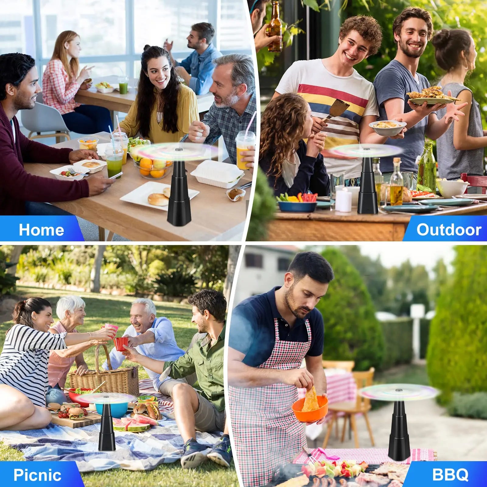 A four-panel collage showing a portable tabletop grill in use at home, outdoors, on a picnic blanket, and over a barbecue. The collage includes labeled sections 'Home', 'Outdoor', 'Picnic', and 'BBQ' in blue banners.