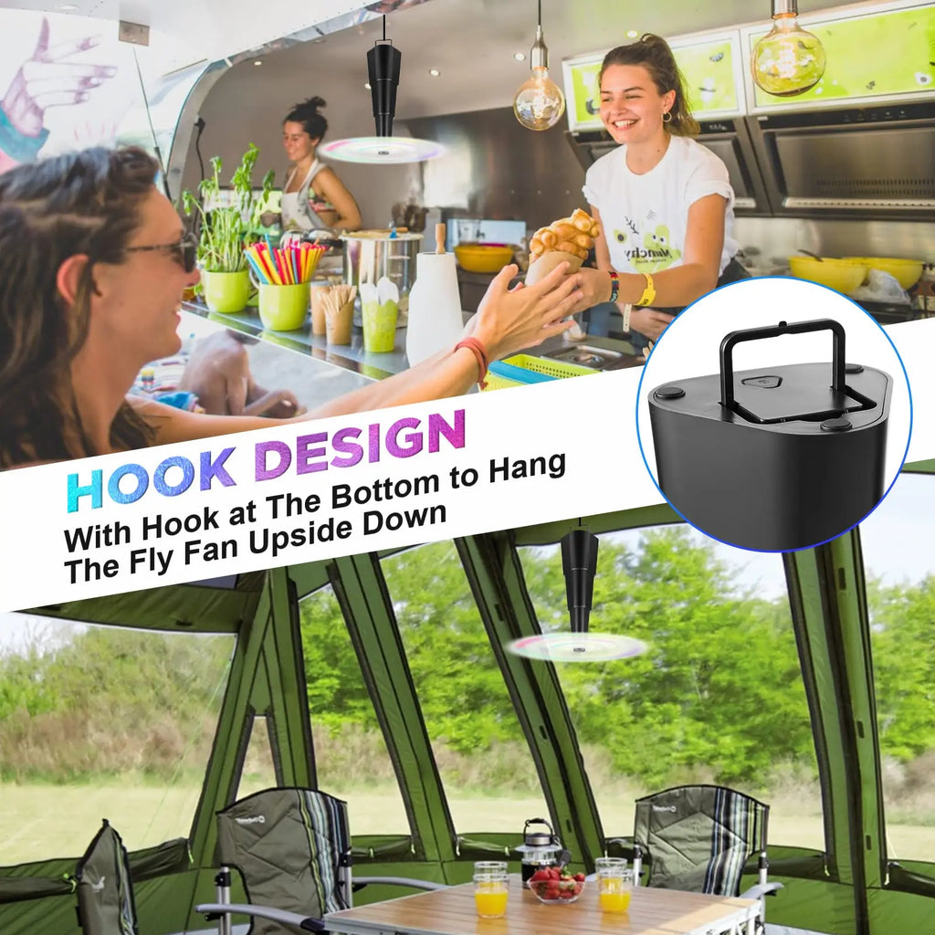 A promotional collage for a fly fan with a hook design. The top-left panel shows a woman ordering food inside a camper kitchen, with the text 'HOOK DESIGN With Hook at The Bottom to Hang The Fly Fan Upside Down.