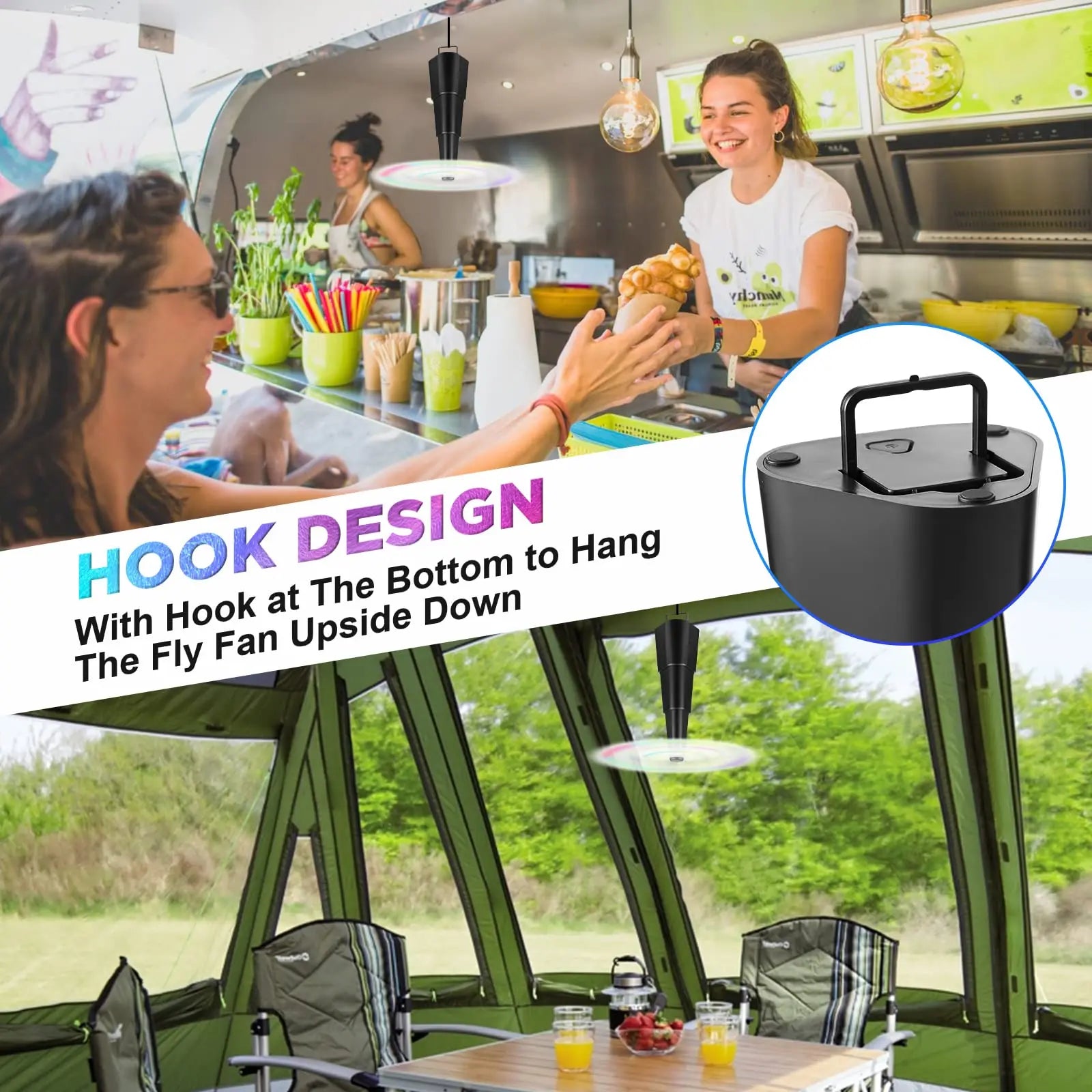 A promotional collage for a fly fan with a hook design. The top-left panel shows a woman ordering food inside a camper kitchen, with the text 'HOOK DESIGN With Hook at The Bottom to Hang The Fly Fan Upside Down.