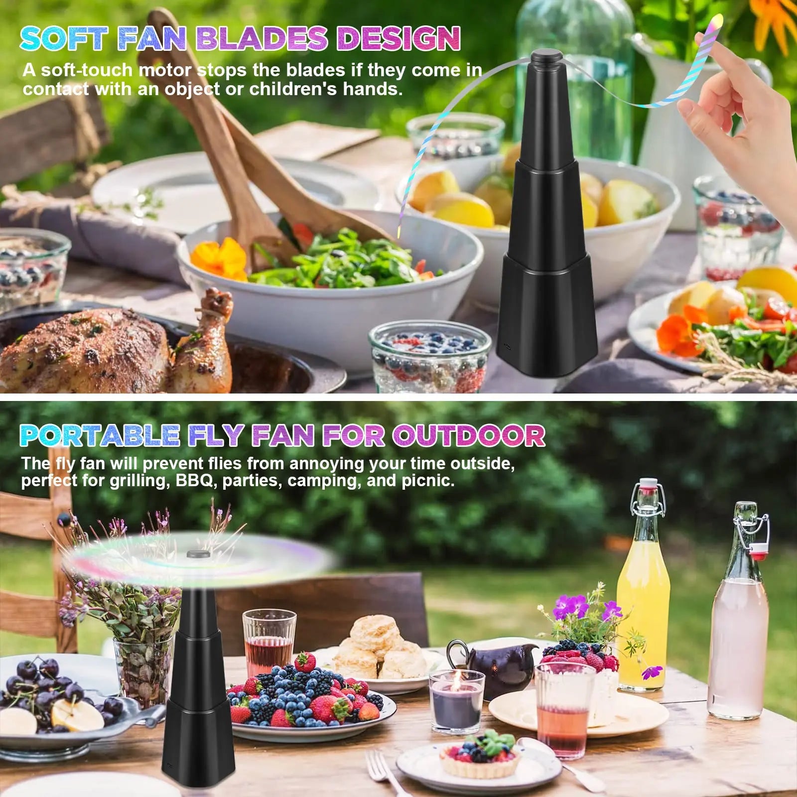 Black portable fly fan on a table with food and drinks, outdoor setting.