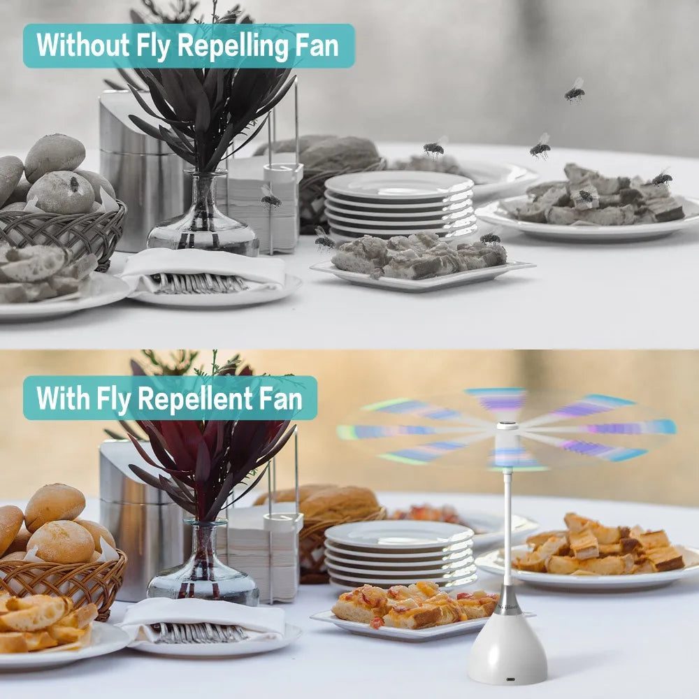 Comparison of a table setup with and without a fly repelling fan.