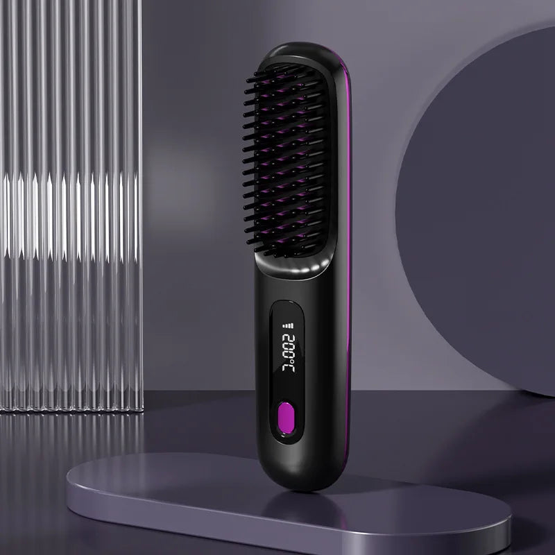 A sleek black cordless hair straightener brush standing on a dark surface with its LCD screen clearly displaying 200°C, highlighting its modern, portable design.