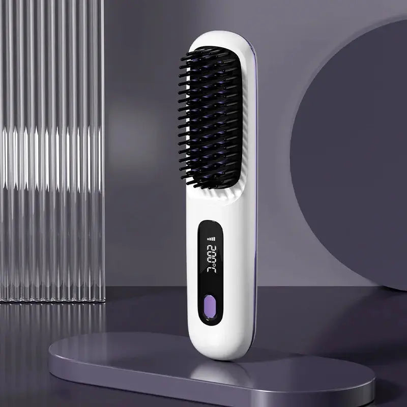 A white cordless hair straightener brush standing upright on a dark surface, featuring a digital LCD screen displaying 200°C for clear temperature visibility.