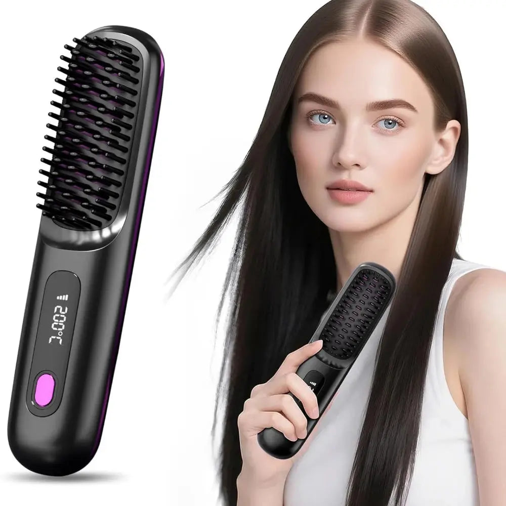 A woman with long, smooth hair holding a black cordless hair straightener brush with a digital display showing 200°C, presented against a clean white background.