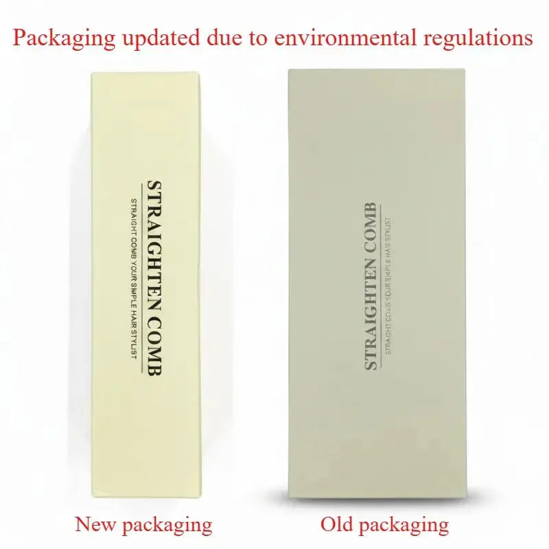 A comparison shot showing the new and old packaging for the cordless hair straightener brush, both displayed on a white background to illustrate the environmental regulation updates.