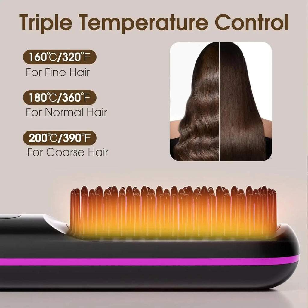 A detailed graphic of the cordless hair straightener brush showing triple temperature control settings (160°C, 180°C, 200°C) alongside a photo demonstrating the difference between wavy and straight hair.