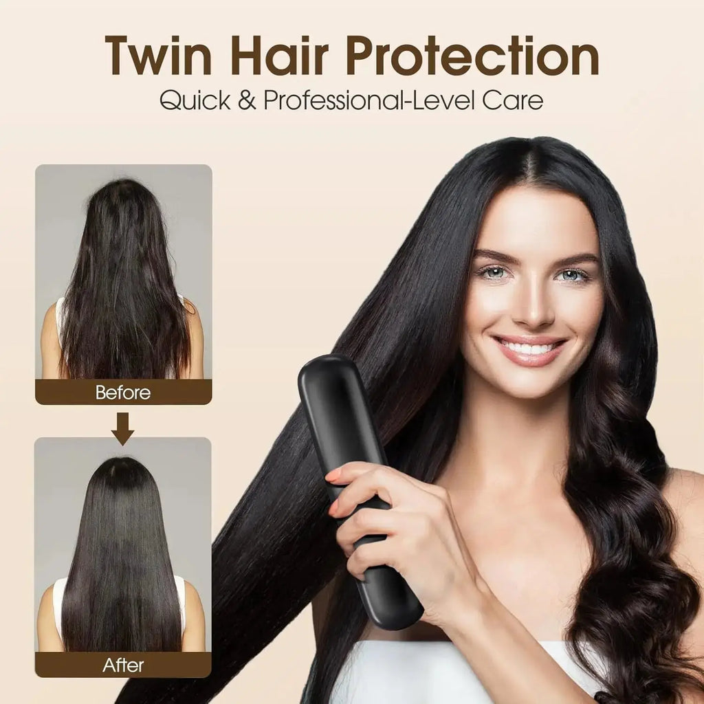 A woman with long, smooth hair holding a black cordless hair straightener brush, with an inset comparison graphic showing before and after hair styling results.