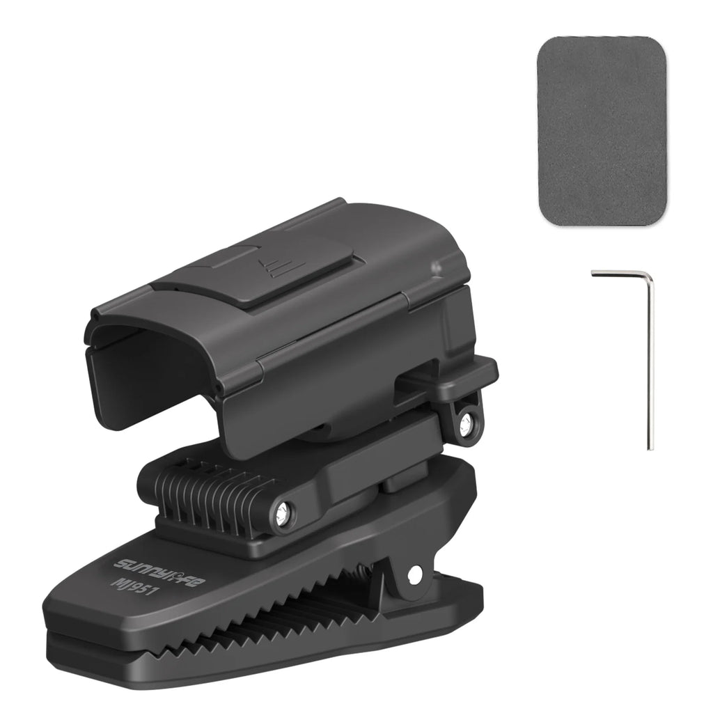 A black SUNNYLIFE backpack clip mount shown on a white background alongside its included accessories, a grey padding strip and a metal hex key wrench.