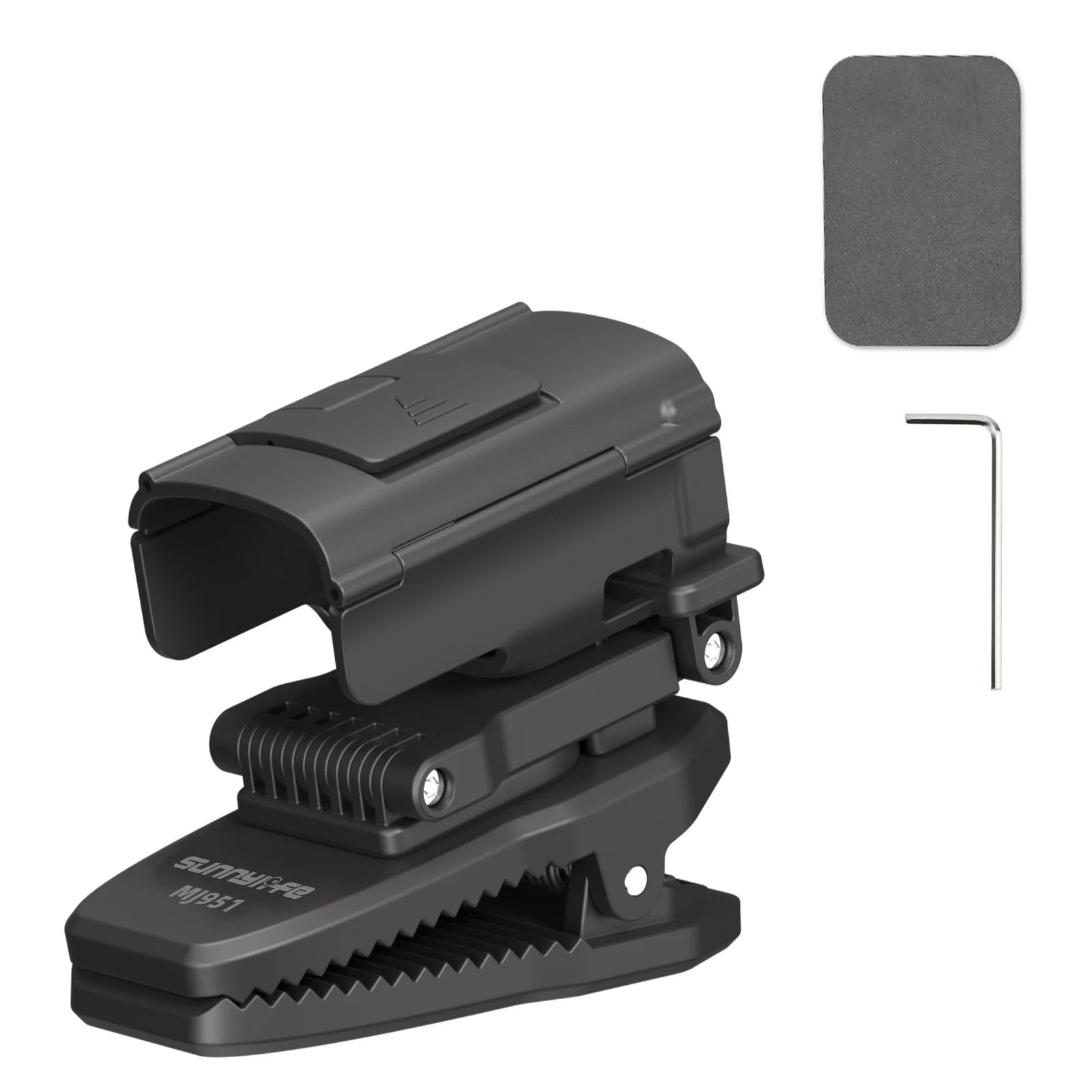 A black SUNNYLIFE backpack clip mount shown on a white background alongside its included accessories, a grey padding strip and a metal hex key wrench.