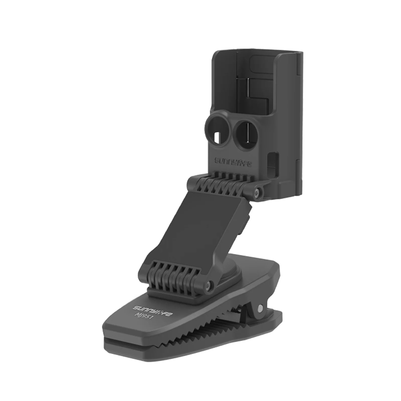 A black SUNNYLIFE backpack clip mount shown from a side profile angle against a clean white background, highlighting its adjustable mechanical joints and hinge design.