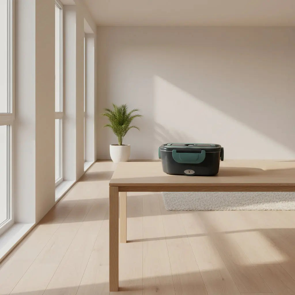 A dark gray and olive green electric lunch box shown closed from a three-quarters angle on a seamless white background, highlighting its carrying handle and side locking latches.