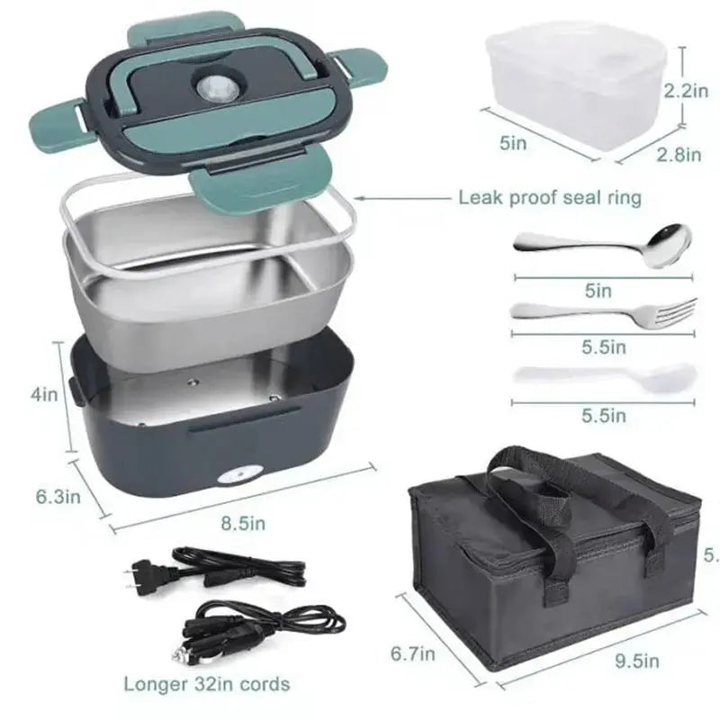 An exploded product blueprint of a green and gray electric lunch box detailing its 1.5L stainless steel tray, leak-proof seal ring, and dimensions, shown alongside a 3-piece utensil set, dual 32-inch power cords, and an insulated black carrying bag.