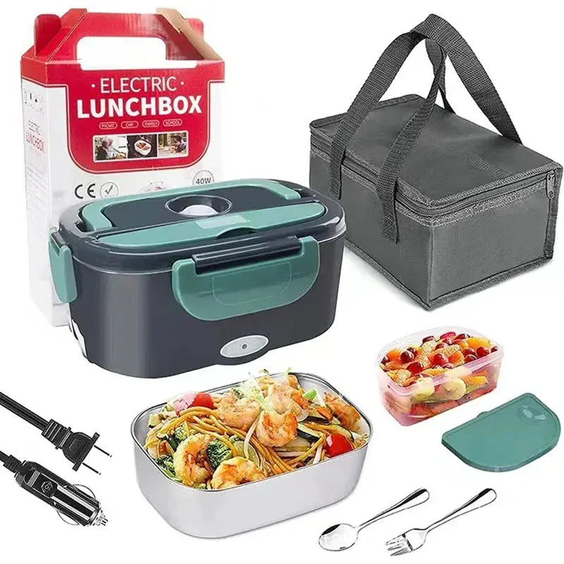 A dark gray and green 40W electric lunch box set displayed next to its retail packaging box, featuring a hot stainless steel tray filled with shrimp stir-fry noodles, a separate fruit container, a spoon, a fork, a dual power cord set, and a matching insulated gray carrying bag.
