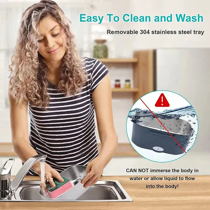 An infographic of a woman washing the removable 304 stainless steel lunch box tray in a kitchen sink, featuring a prominent red warning graphic advising against immersing the main electric base body in water.