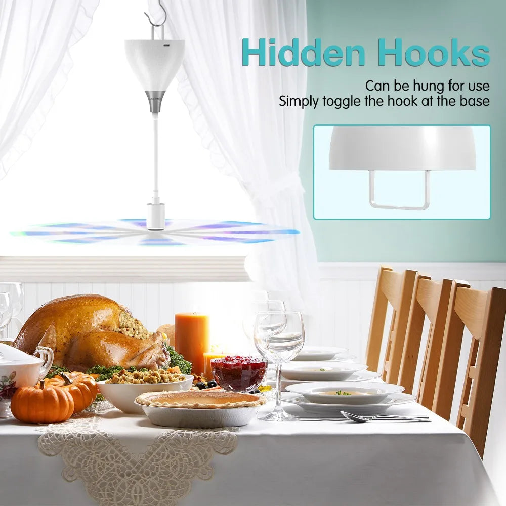 Table setting with a roasted turkey, pies, and glasses on a white tablecloth, with text about 'Hidden Hooks'.