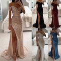 Collage of women wearing various evening gowns with off-shoulder designs and high slits.