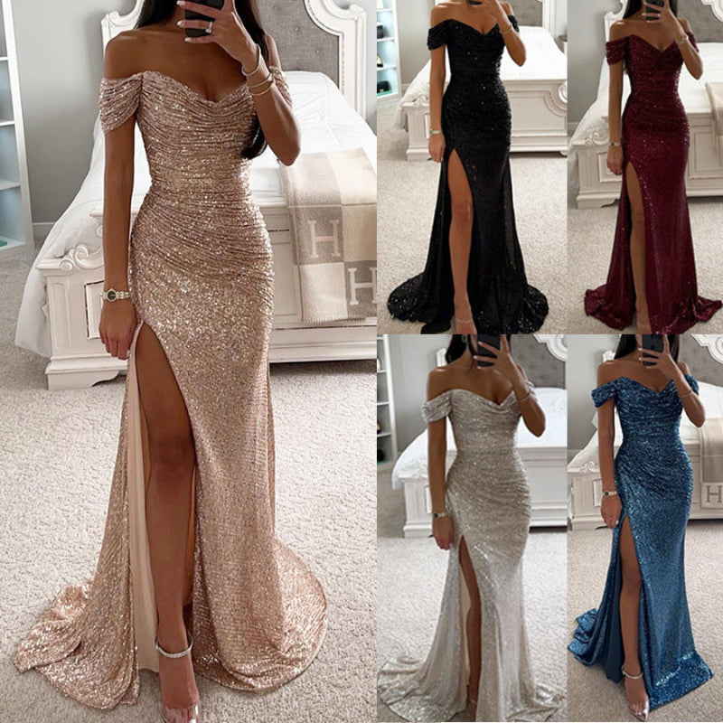 Collage of women wearing various evening gowns with off-shoulder designs and high slits.