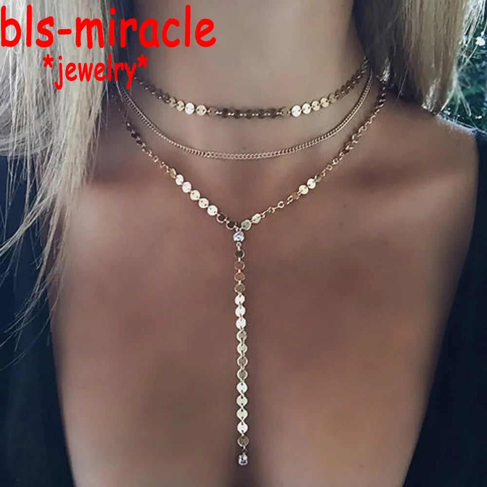 Gold Multi-Layer Crystal Chain Necklace