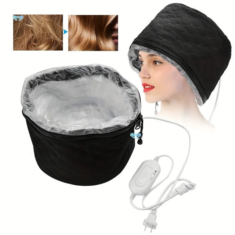 A split infographic showcasing a woman wearing a black heated hair cap and its waterproof plastic interior liner next to a before-and-after comparison of frizzy hair turning sleek and shiny.