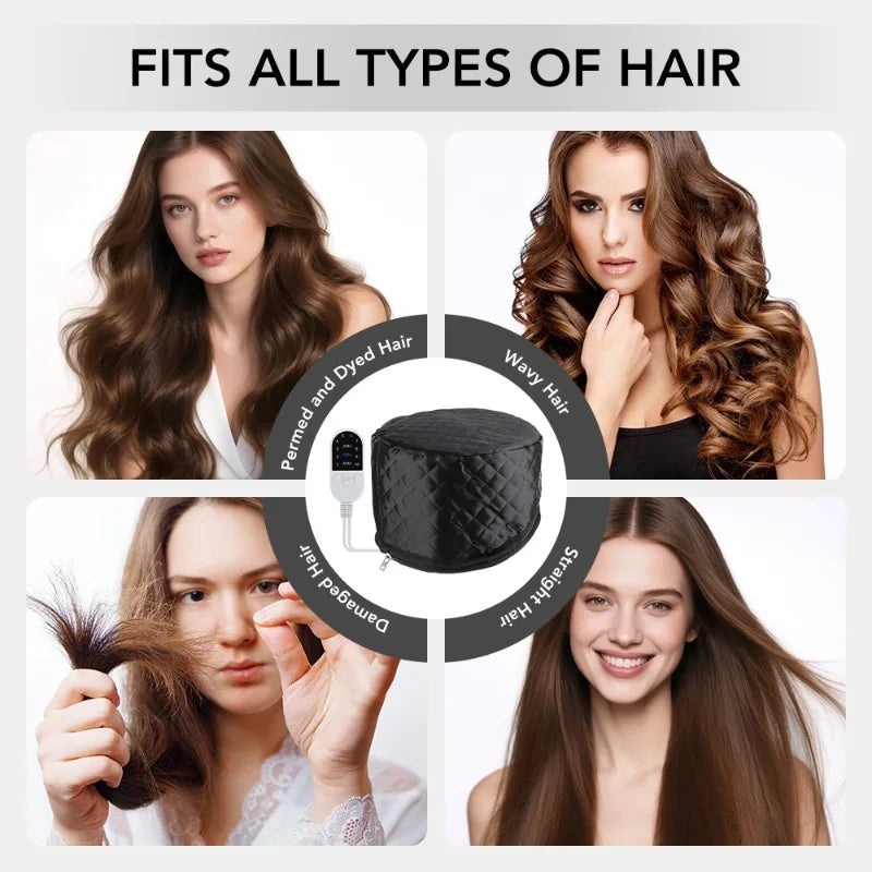 A four-panel infographic highlighting that the heated hair cap fits all types of hair, showcasing examples of permed and dyed hair, wavy hair, damaged hair, and straight hair surrounding a central image of the black quilted cap.