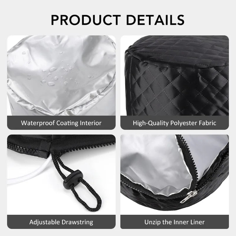 A four-panel product details infographic for a heated hair cap showcasing its waterproof coating interior, high-quality polyester fabric, adjustable drawstring, and an unzippable inner liner.