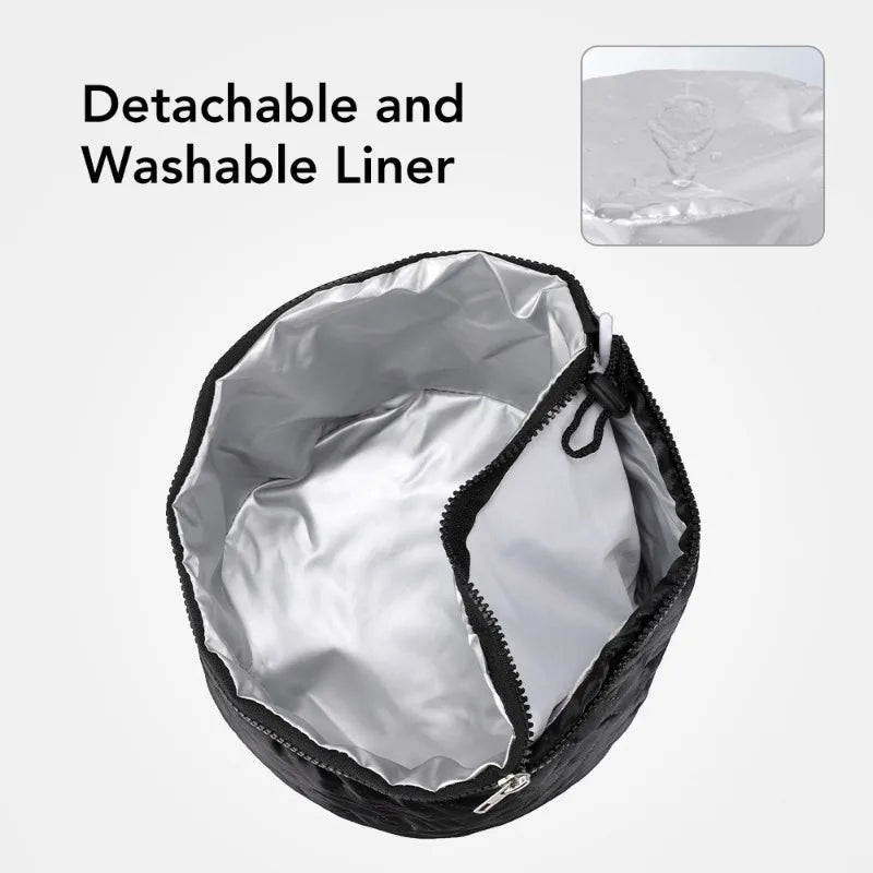 An infographic of a black quilted heated hair cap showing its double-layer design with a zipper that detaches the clear, waterproof plastic inner liner from the fabric outer shell.
