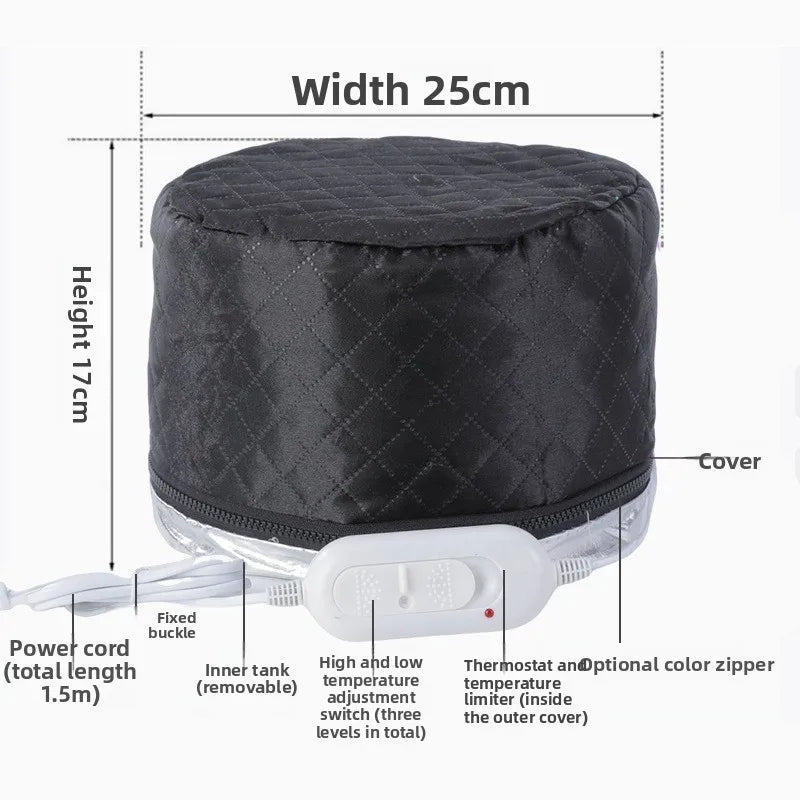 A product blueprint infographic of the black quilted heated hair cap outlining its 25cm width and 17cm height dimensions, alongside labeled features including the 1.5m power cord, adjustable temperature switch, and removable inner tank.