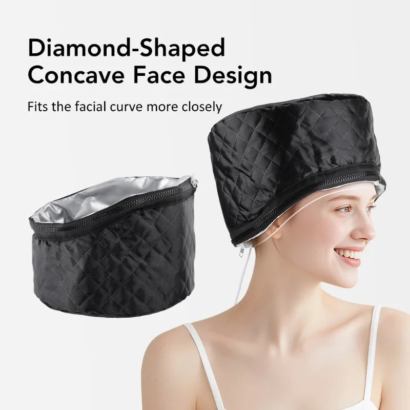 An infographic of a black quilted heated hair cap showing an empty cap alongside a smiling model wearing it, featuring text that highlights its diamond-shaped concave face design for a closer facial fit.