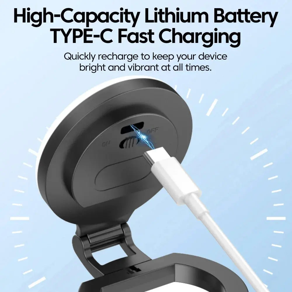 A MagSafe magnetic selfie light with a USB-C charging cable connected, featuring text overlay highlighting "High-Capacity Lithium Battery" and "TYPE-C Fast Charging" for quick and reliable power.