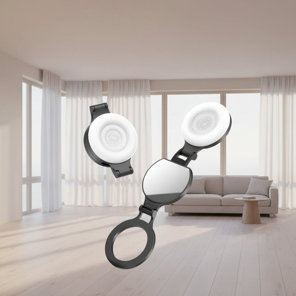 A MagSafe magnetic selfie light and double-sided mirror set featuring a black foldable stand, shown both collapsed and extended on a light blue background, highlighting its dual-functionality for content creation.