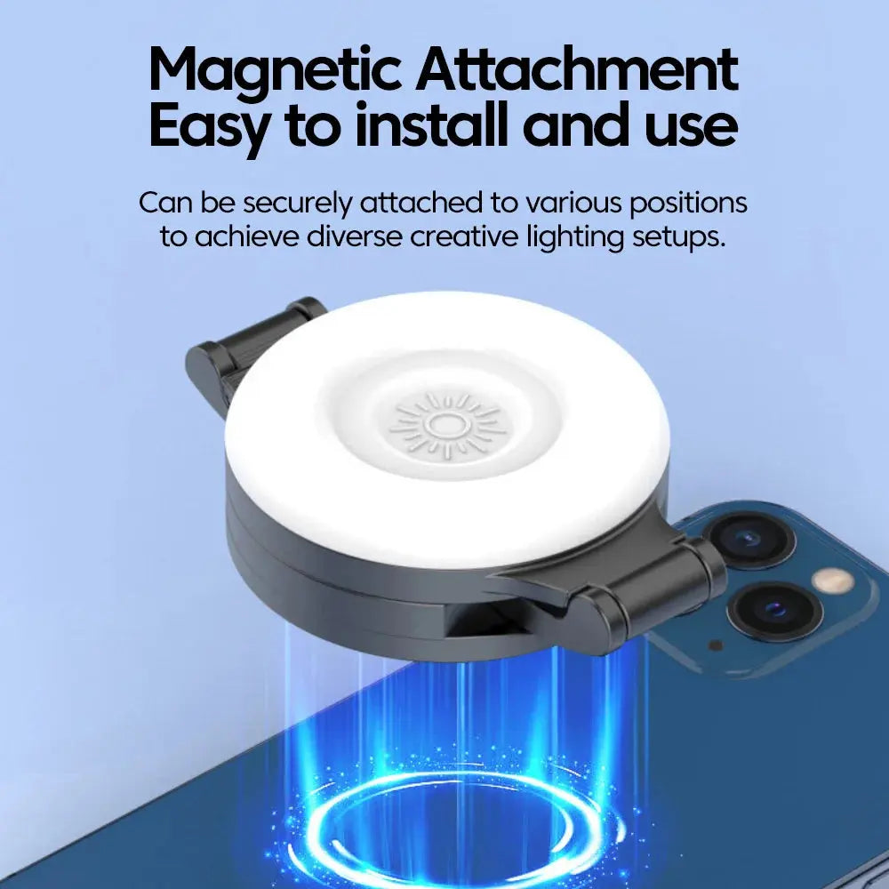 A MagSafe magnetic selfie light attached to the back of an iPhone, with an infographic overlay stating "Magnetic Attachment: Easy to install and use" and explaining that it can be securely attached to various positions for diverse creative lighting setups.