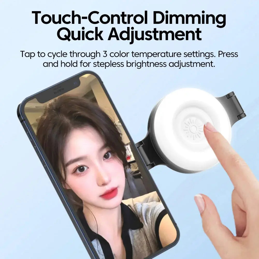 Close-up of a finger tapping the touch-sensitive surface of a MagSafe magnetic selfie light attached to a smartphone, with text overlay explaining the 3-level color temperature and stepless brightness adjustment features.