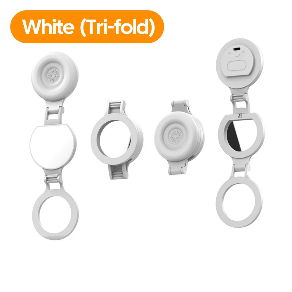 A MagSafe magnetic selfie light shown in various configurations of its white tri-fold design, illustrating how the light, mirror, and magnetic components fold and extend for versatile content creation.