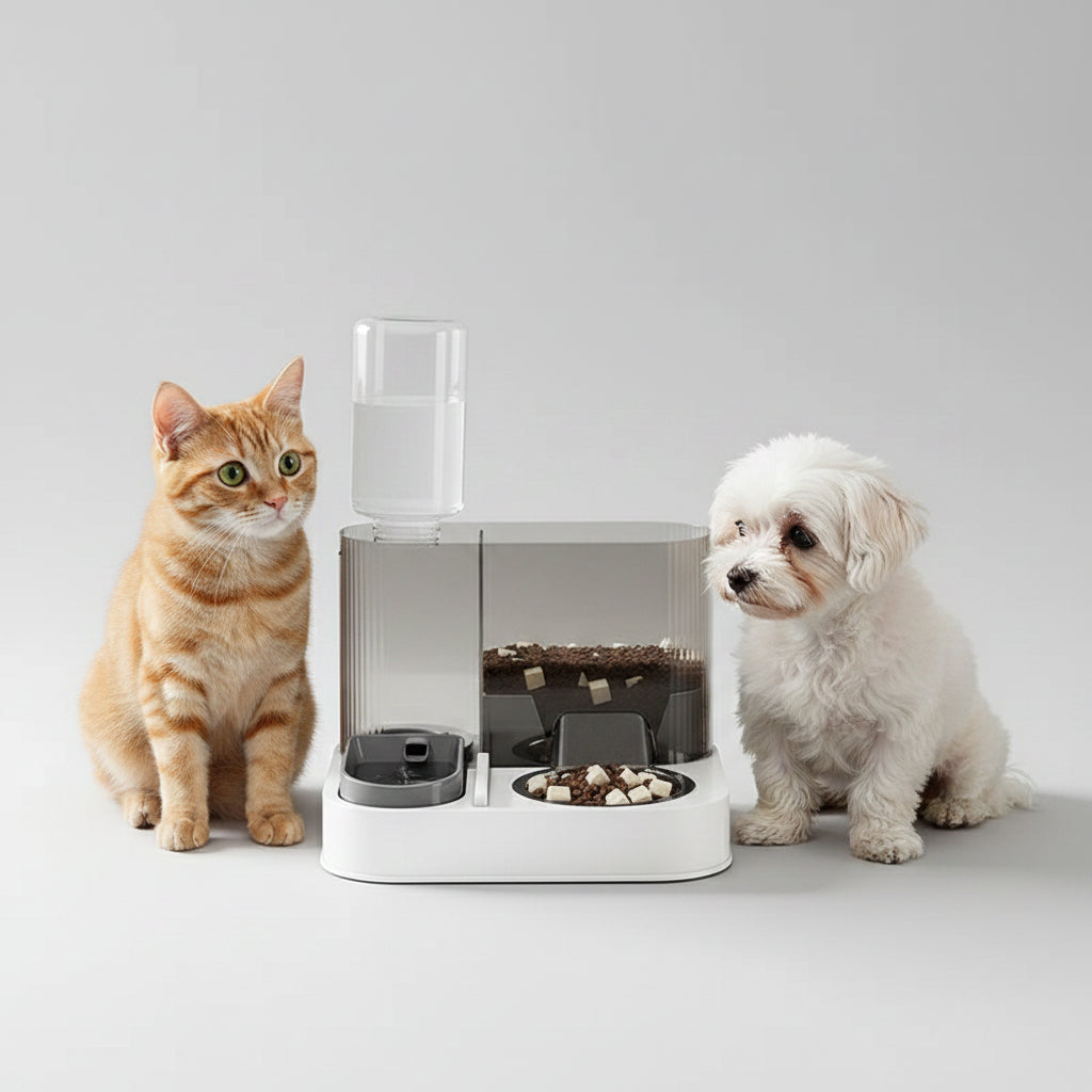 Modern pet feeder with water fountain and bowl for cats and dogs, placed on a wooden floor