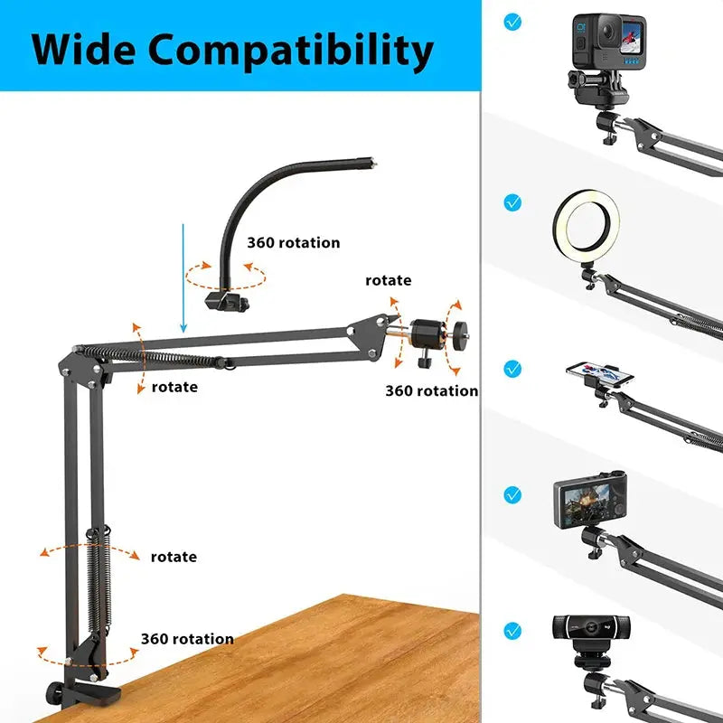 Camera boom arm with 360-degree rotation on a wooden surface, showing compatibility with various devices.