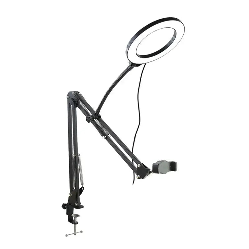 LED ring light with adjustable arm on a white background