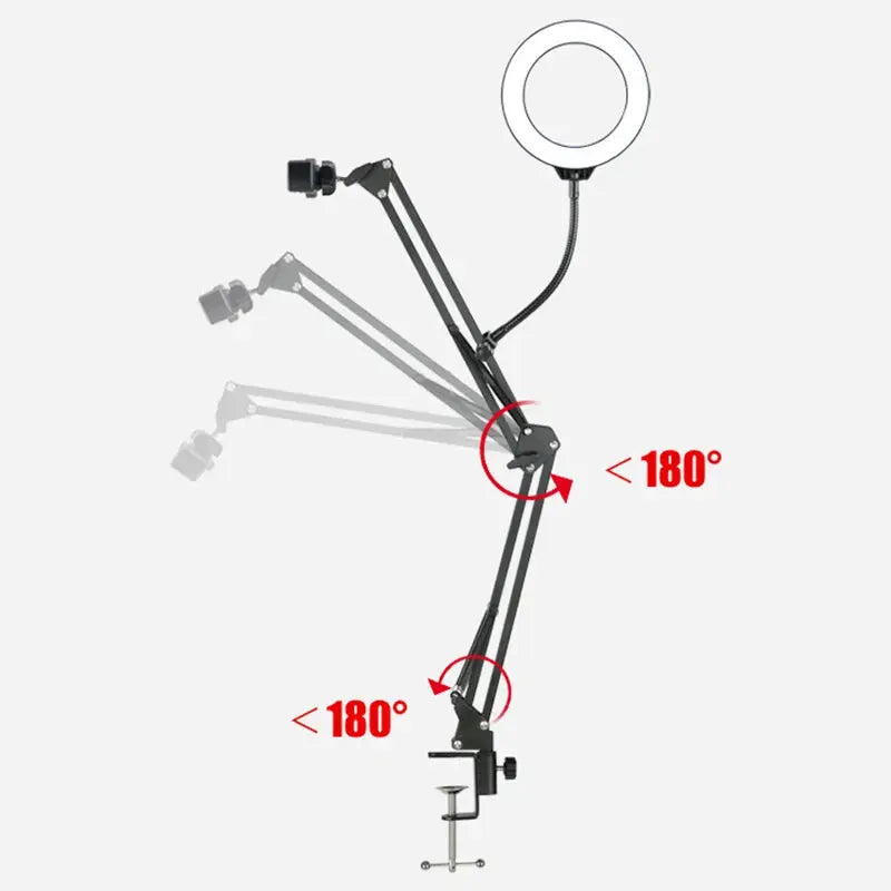 Flexible arm with ring light and camera mount on a white background