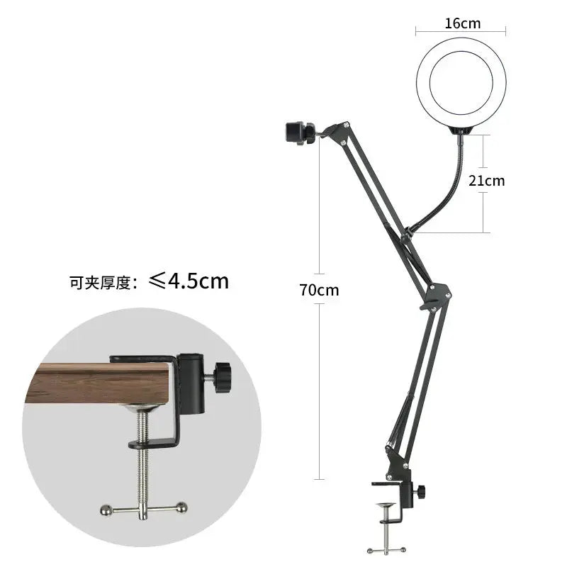 Measurement chart of a flexible arm clamp with dimensions and clamping capacity on a white background.